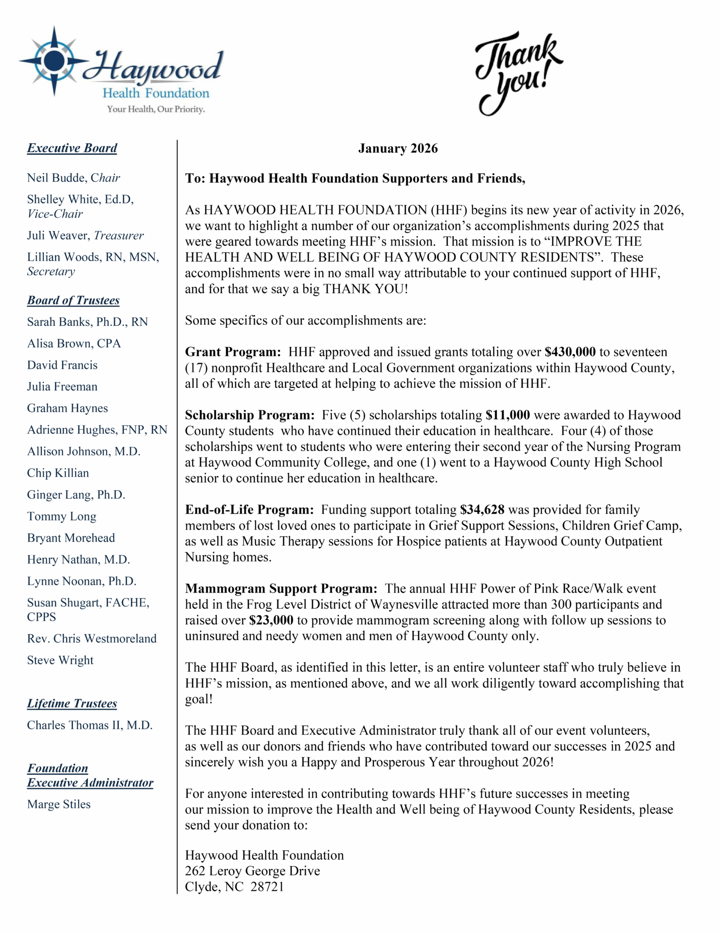 Haywood Health Foundation Is Grateful for Your Support